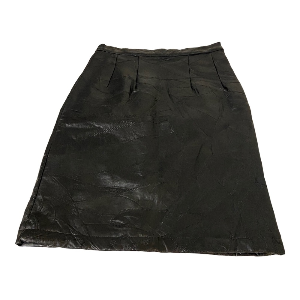 Patchwork Pattern Black Natural Leather Skirt 10 … - image 3